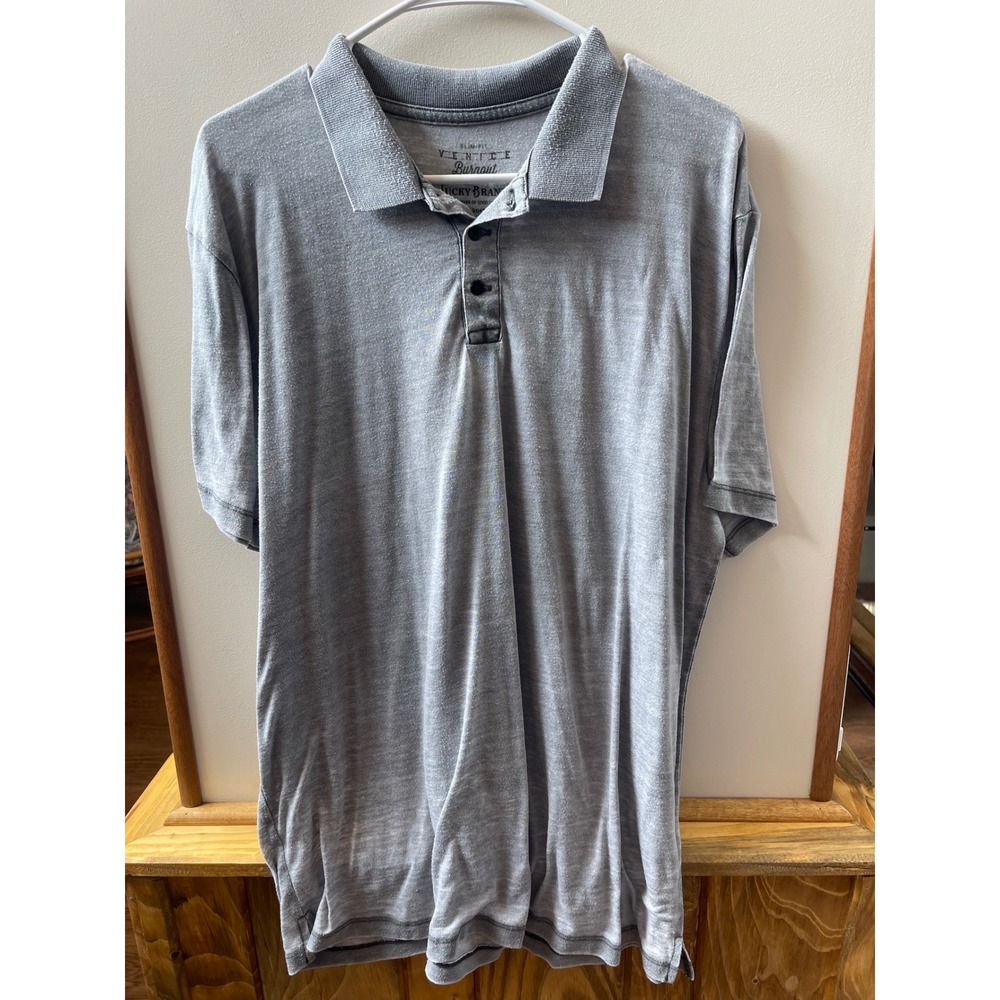 Lucky Brand Polo Shirt Mens XL Grey Venice Burnout Slim Fit Short Sleeve